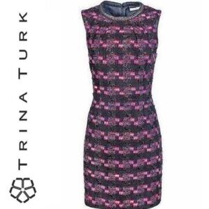 Trina Turk SZ 2 Goodnight Tweed Sheath Dress Black Accent Chain, Neck